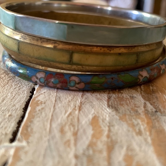 Enamel, Blue Mothers-of-Pearl, and Brass Bangle Bracelets - Picture 2 of 4